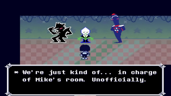 Deltarune Chapter 4 boss fight: An image of Kris talking to Motormouth Mike.