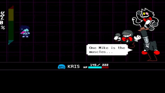 Deltarune Chapter 4 boss fight: An image of Kris talking to Motormouth Mike.