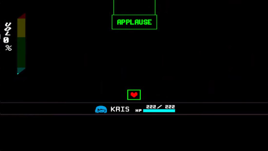 Deltarune Chapter 4 boss fight: An image of Kris talking to Motormouth Mike.