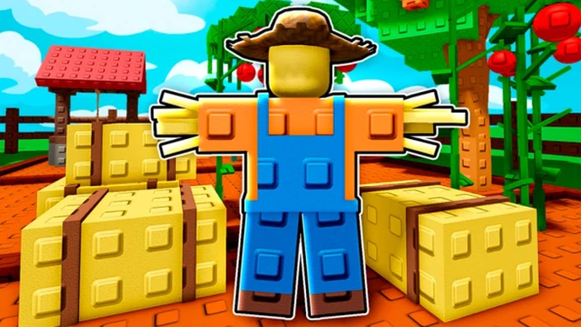 Artwork for the Roblox game Grow a Garden, showing a scarecrow in a crop field.