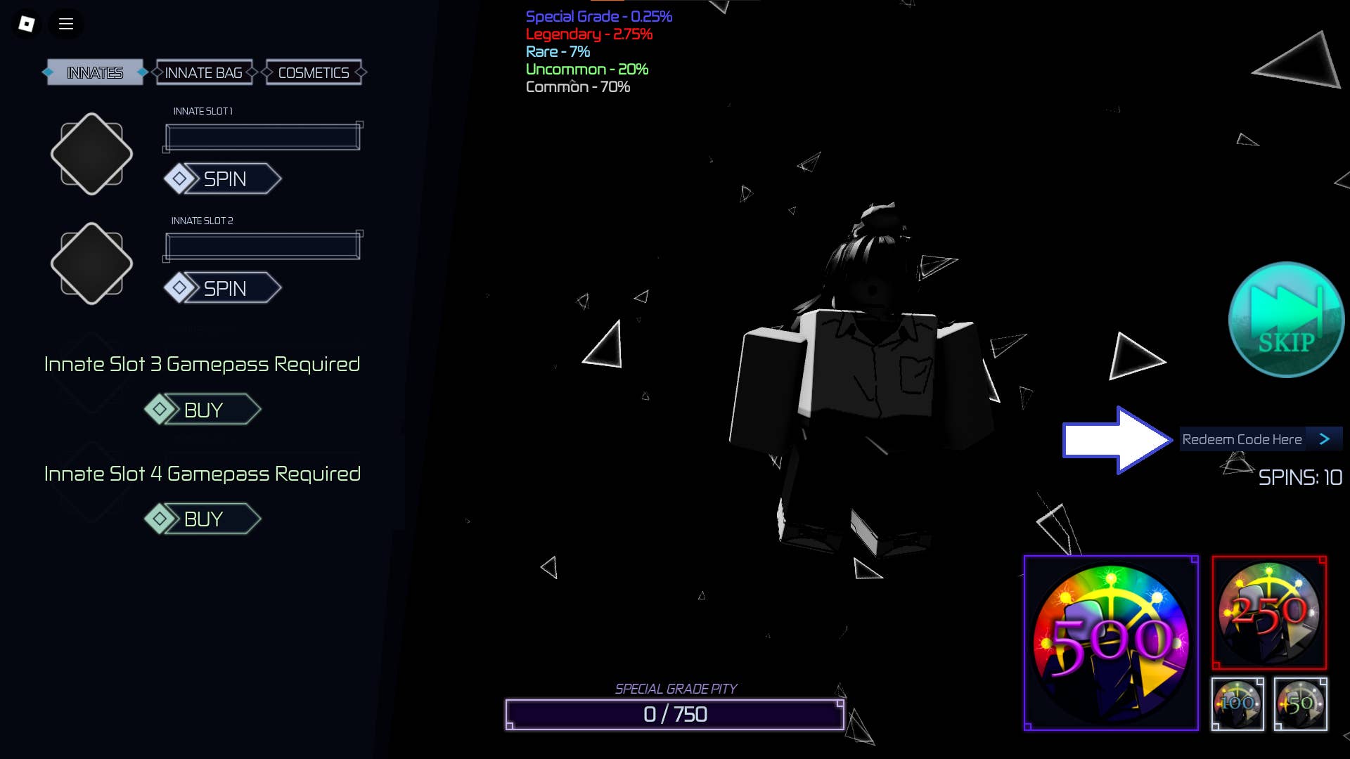 Interface demonstrating code redemption location