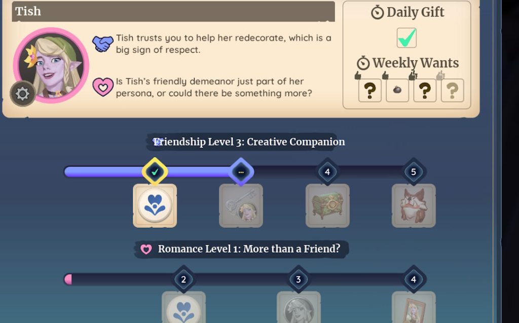 Checking the romance details screen for Tish in Palia