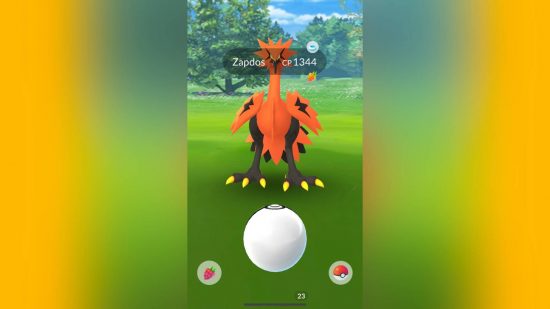 Pokemon Go master Ball: A screenshot from Pokemon Go shows Galarian Zapdos ready for capture