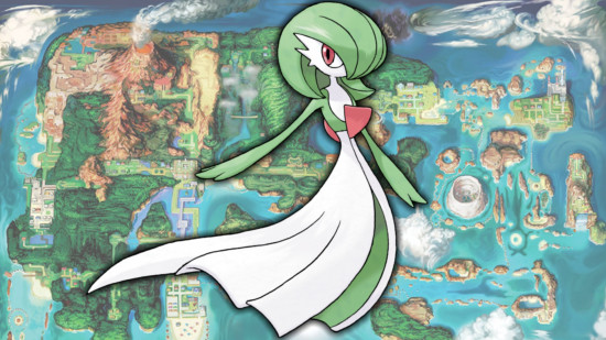 Ralts evolution - Gardevoir in front of a map of Hoenn