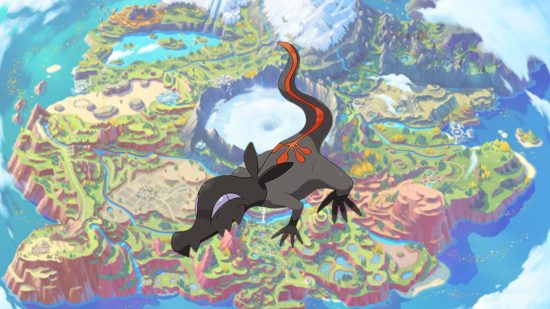 Salandit evolution - a picture of Salandit in front of a map of Paldea