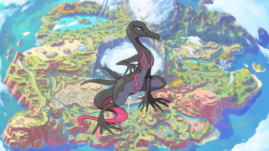 Salandit evolutionn - Salazzle in front of a picture of Paldea