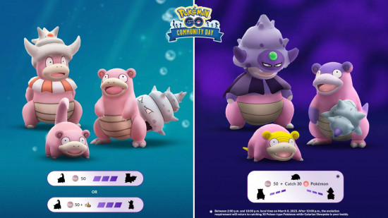 All of the Slowpoke evolutions together in a Pokemon Go Community Day graphic