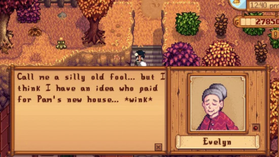 stardew valley evelyn conversation screen talking about paying for pam's new house