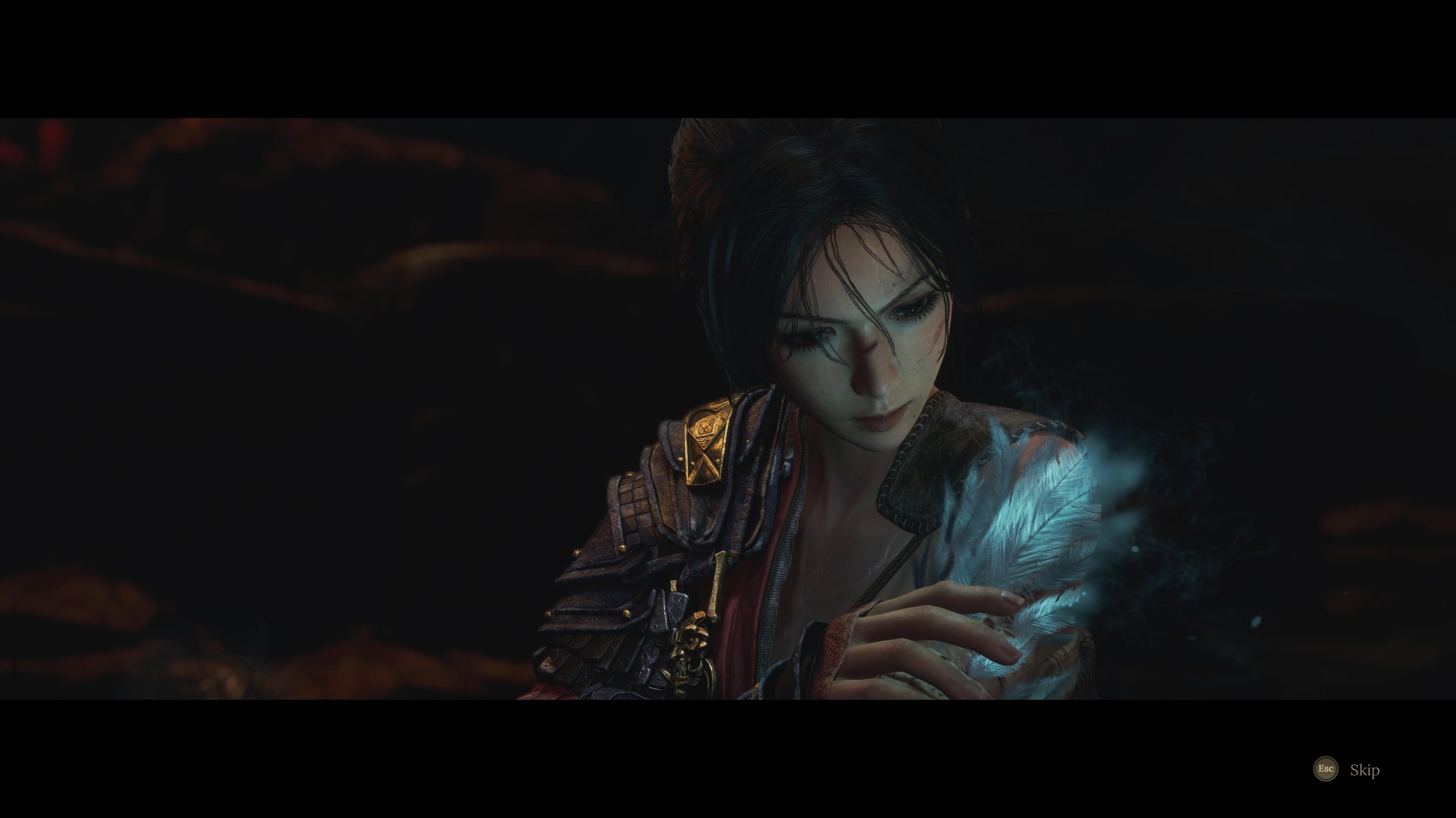 Fantasy character holding a glowing feather in a dark, atmospheric scene.