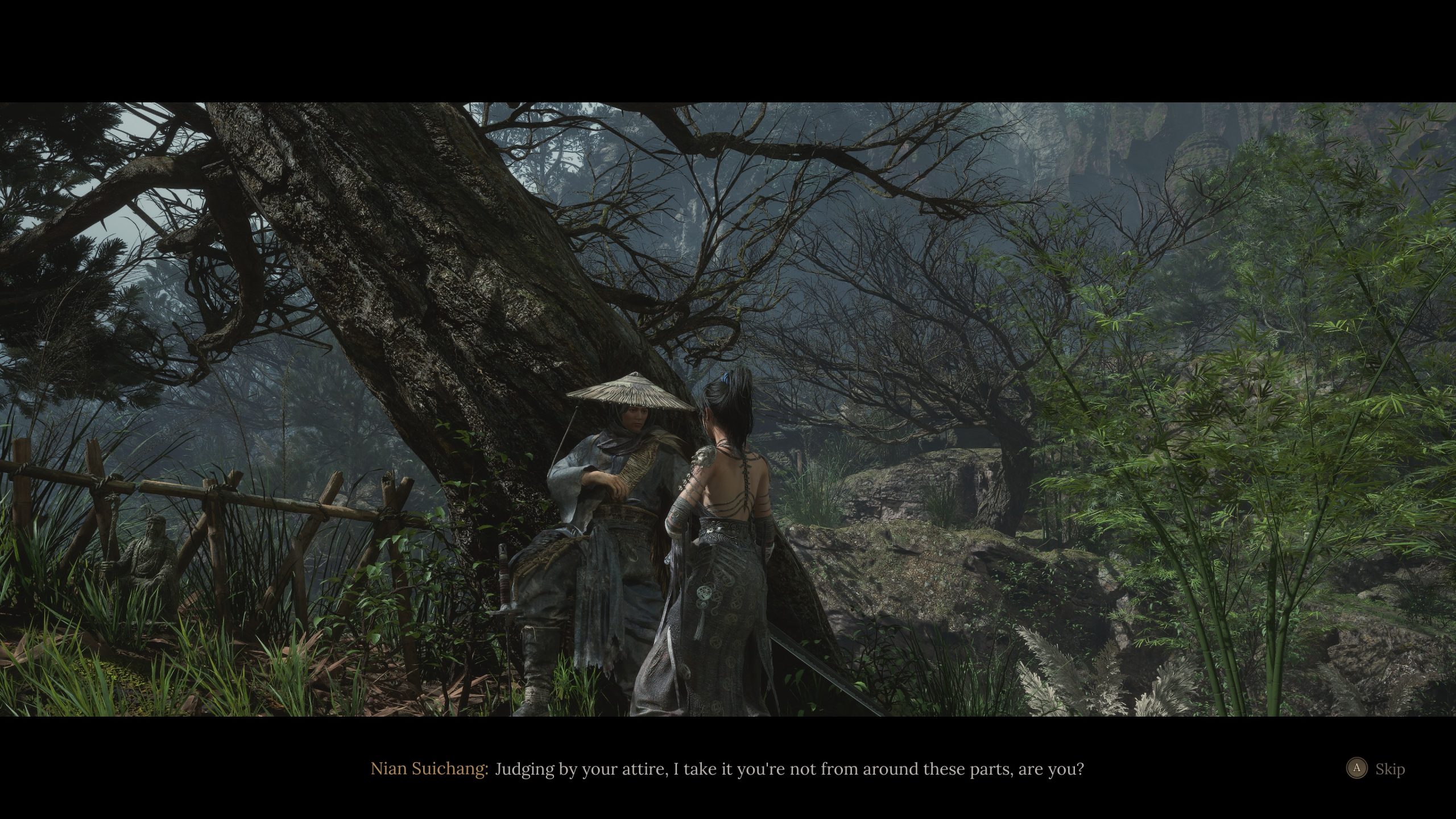 Game scene: Characters converse beneath ancient tree in lush forest setting.