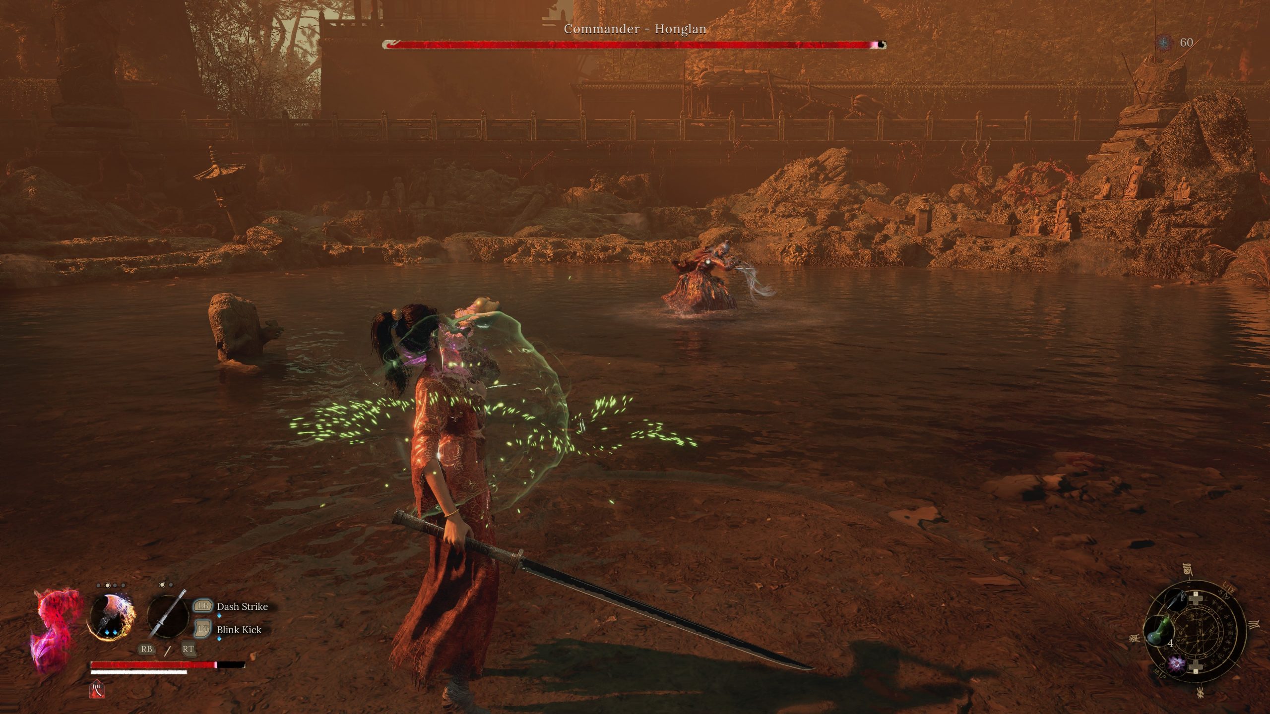 Video game battle scene with character facing off against a boss in a mystical, rocky environment.