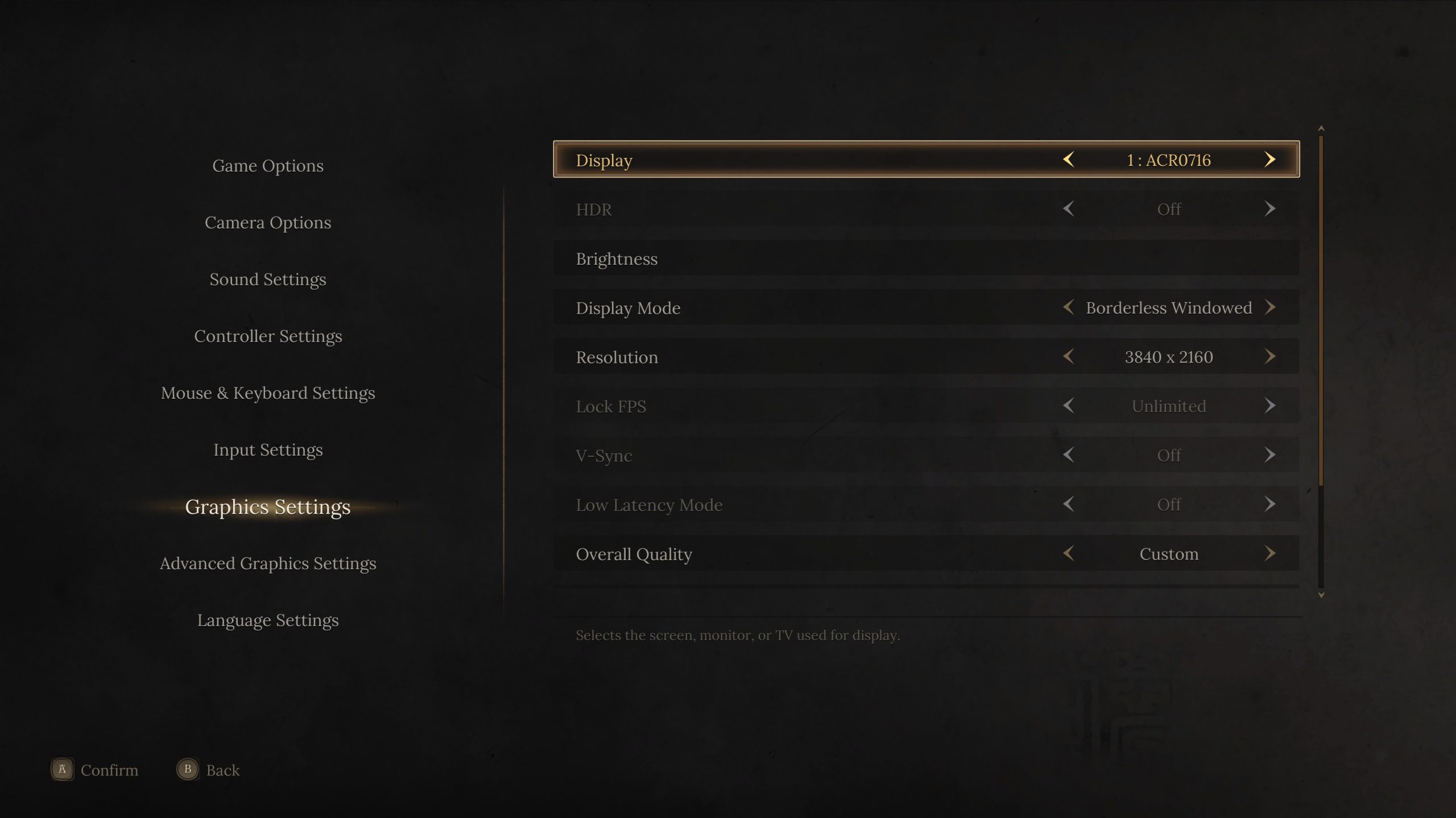 Game graphics settings menu with display options highlighted.