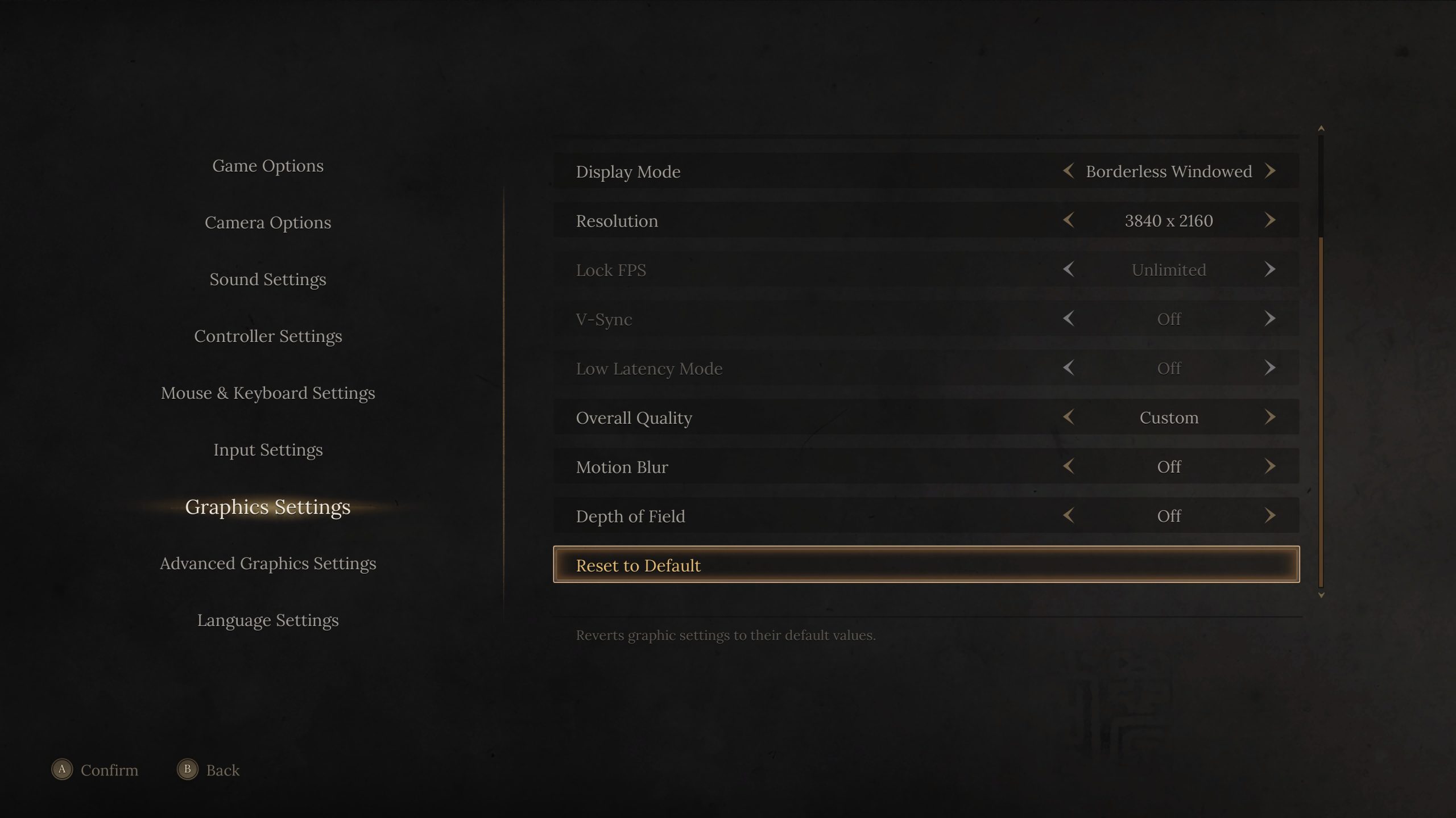 Video game graphics settings menu with resolution and display mode options highlighted.