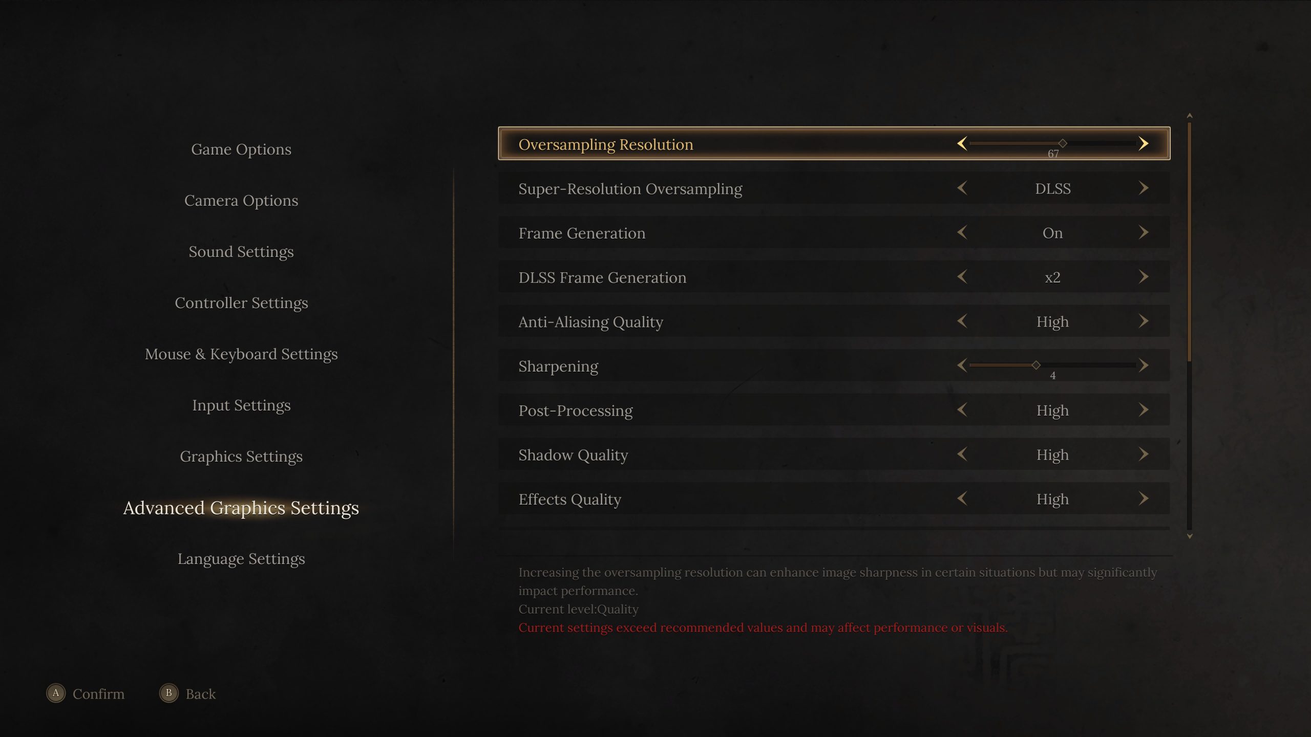 Advanced graphics settings menu showing oversampling resolution and other quality options.