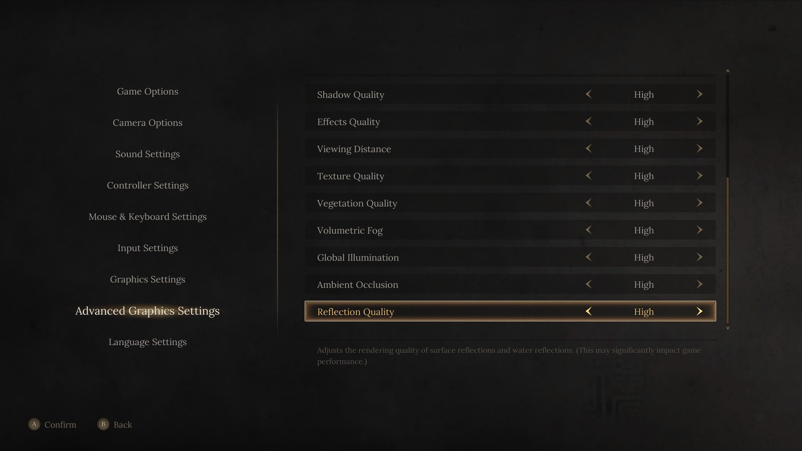 Advanced graphics settings menu with options set to high quality levels.