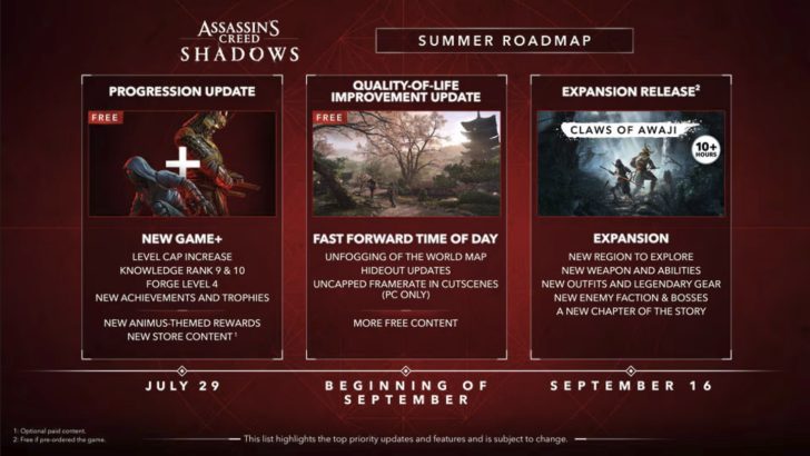 Assassin's Creed Shadows summer content timeline: major updates through September