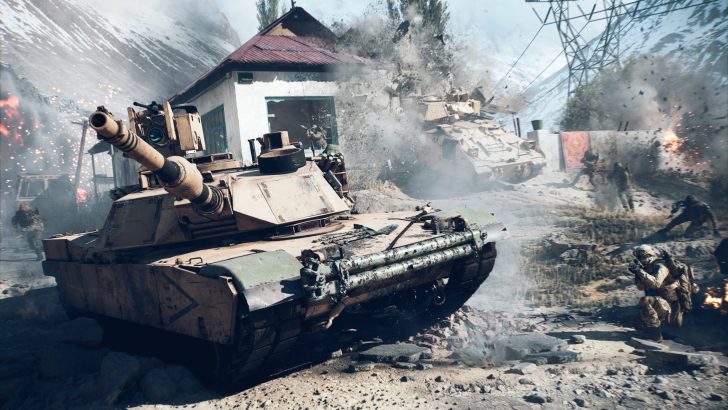 Armored division advancing through rubble-strewn cityscape under aerial bombardment