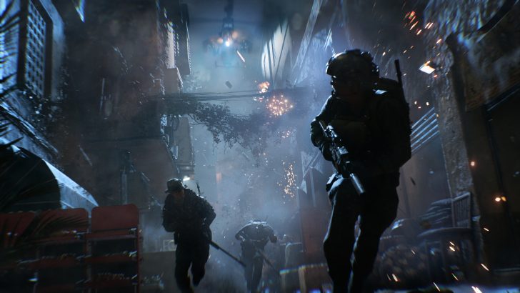 Combatants maneuvering through smoke-filled urban terrain under heavy fire