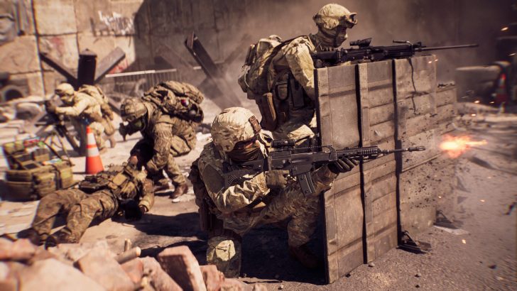 Urban combat scenario featuring armored units and infantry in close quarters