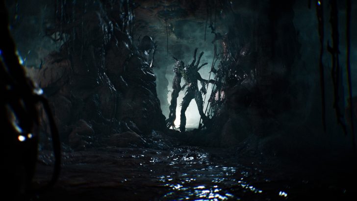Hulking creature shrouded in darkness, backlit by eerie amber light.