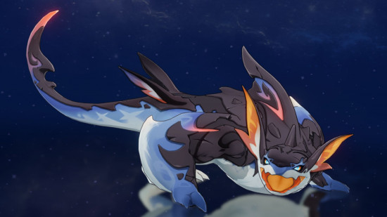 Genshin Impact saurians - an Koholasaurus on a dark, starry background