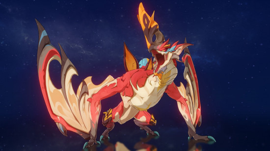 Genshin Impact saurians - an Qucusaur on a dark, starry background