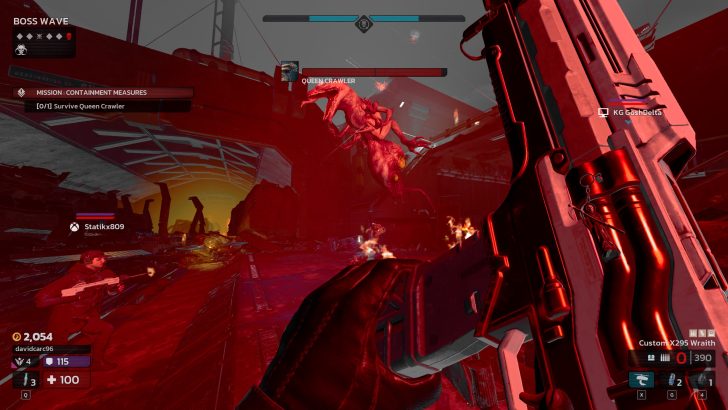 Killing Floor 3Futuristic battle against Queen Crawler in intense video game firefight.