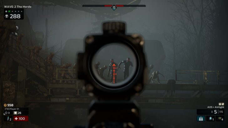 Killing Floor 3, First-person shooter game targeting zombies through a rifle scope in a dark forest setting.