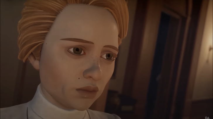 Animated character close-up with a thoughtful expression, set in a dimly lit room.