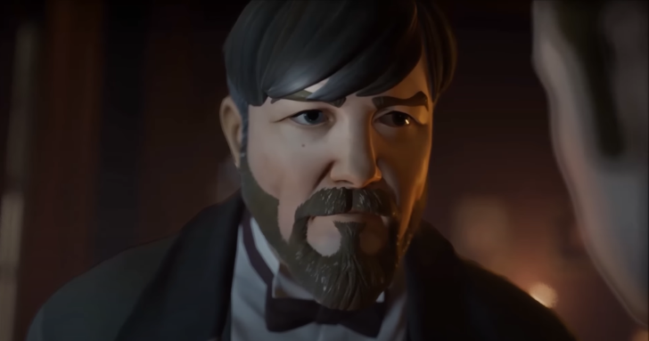 Animated character with a beard and a serious expression, set against a dim, moody background.