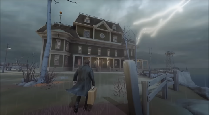 Stormy mansion scene with traveler approaching, suitcase in hand. Lightning strikes in the background.