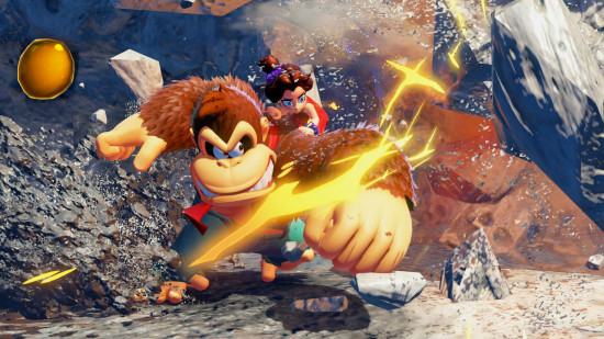 donkey kong bananza fossil guide - Donkey Kong smashing through a rock with Pauline on his back, and a yellow item to the left
