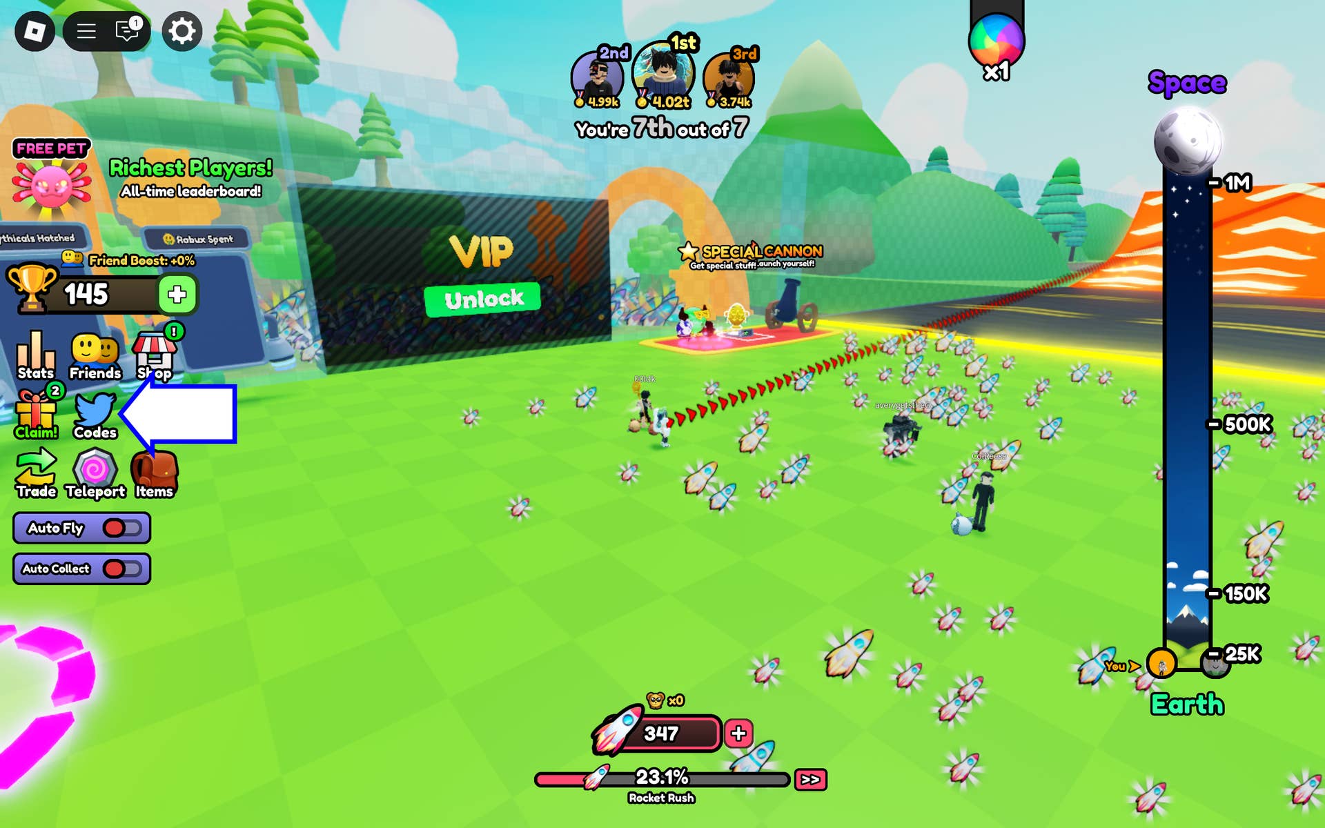 Visual guide showing the location of the codes menu