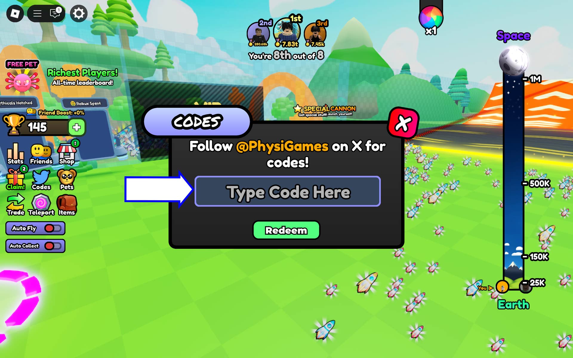 Image displaying the code input interface in Fly to Space