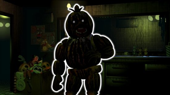FNAF Chica: Phantom Chica outlined in white and pasted on a background of the FNAF 3 office.