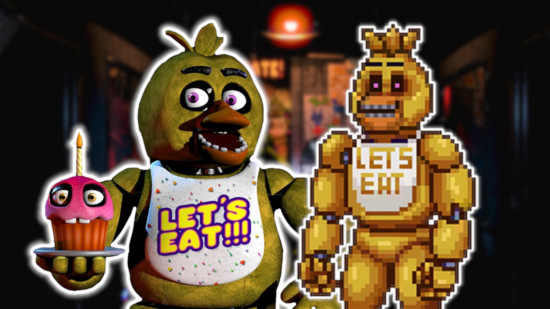 FNAF Chica: Original Chica and the pixel version of her outlined in white and pasted on the FNAF 1 office