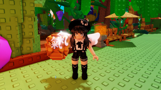 A screenshot of my Roblox character holding a Grow a Garden tranquil plant during the Zen event