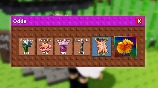 A screenshot showing the possible plants you can get from the Grow a Garden Zen seed pack