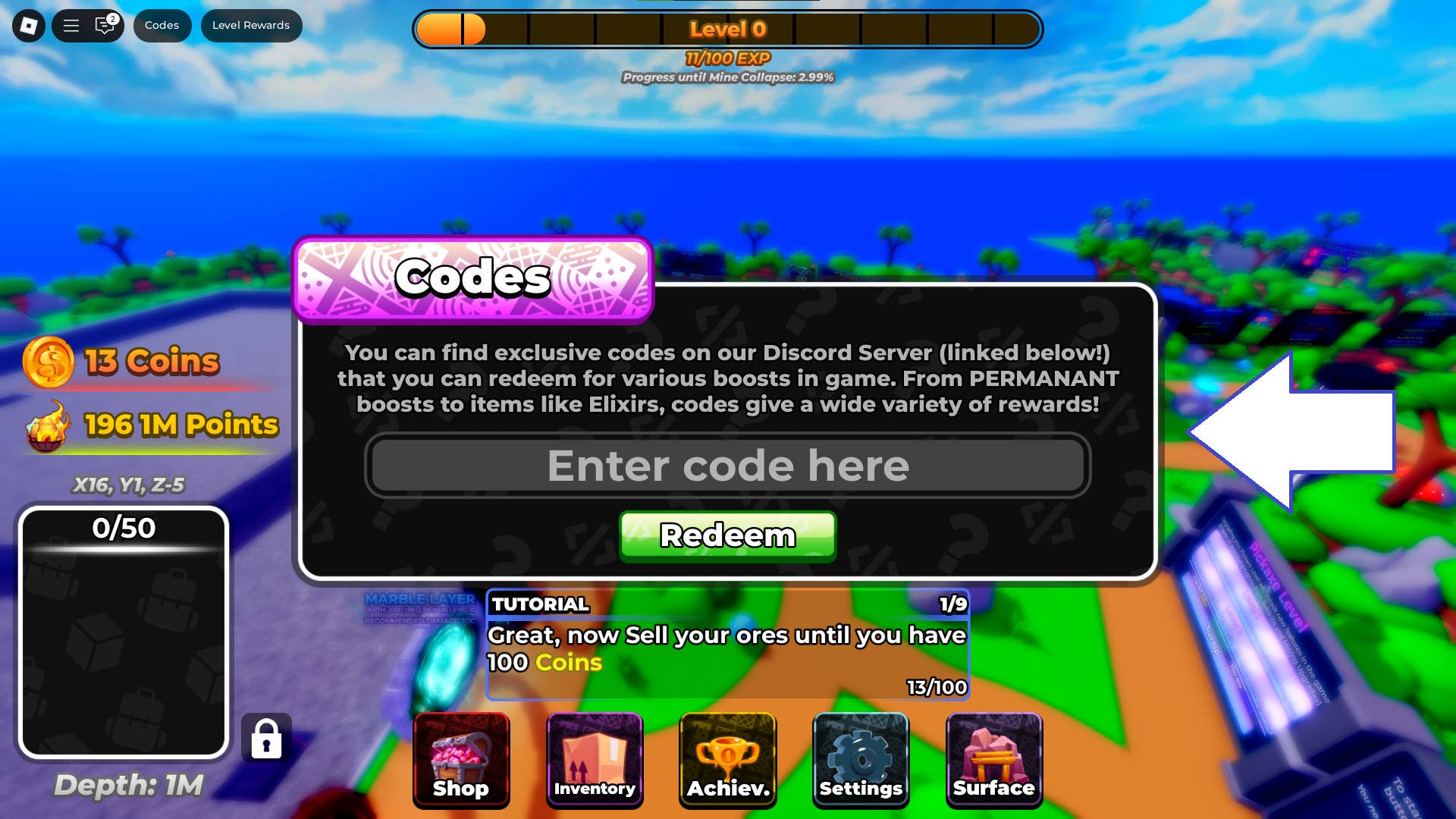 Code input interface screenshot