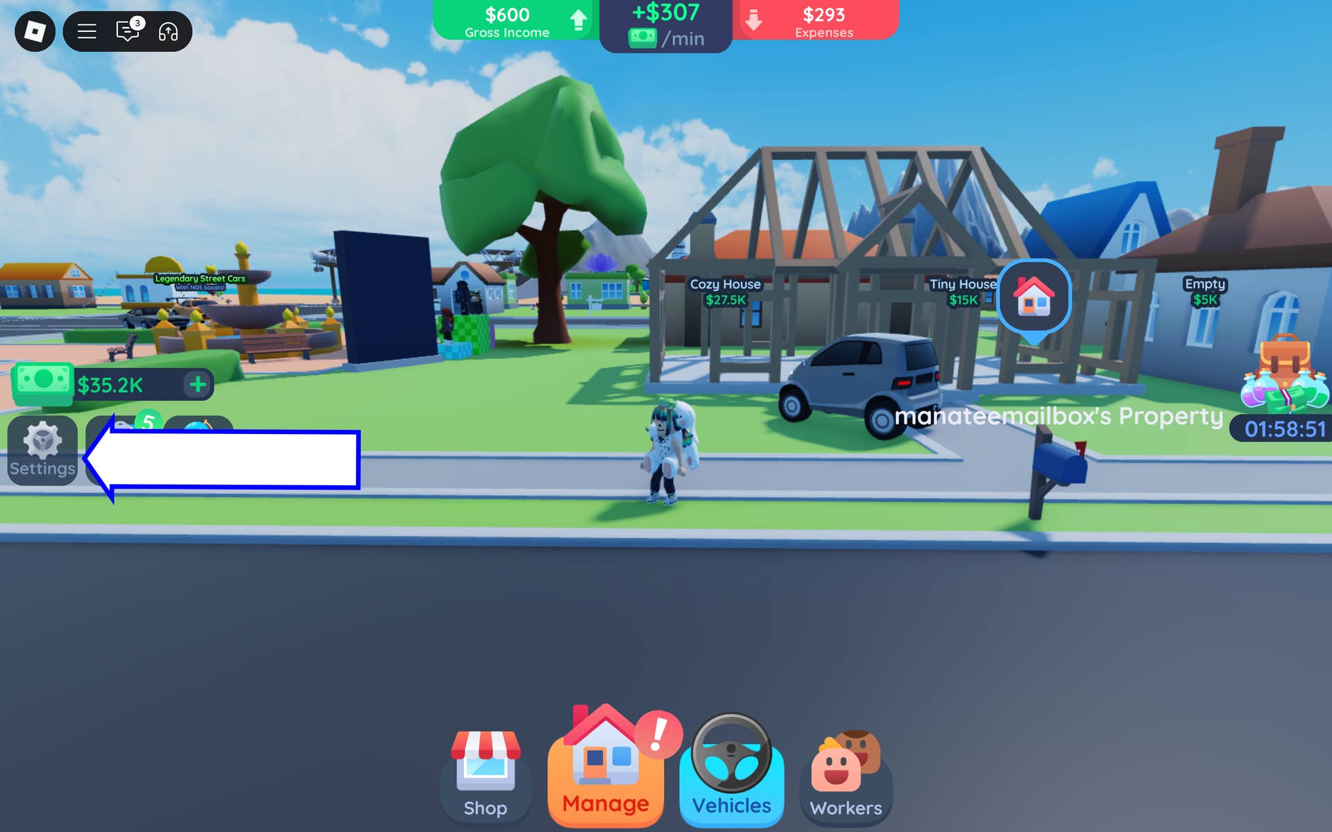 Interface navigation demonstrating settings access