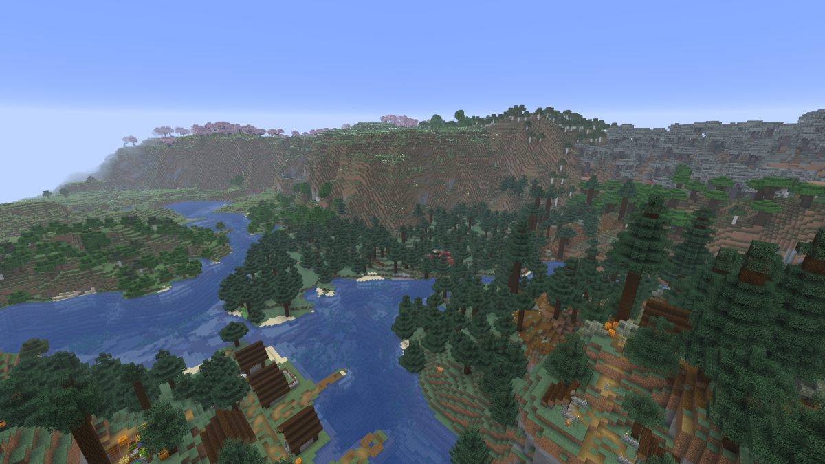 Minecraft pale garden and cherry blossom on hill above village near river