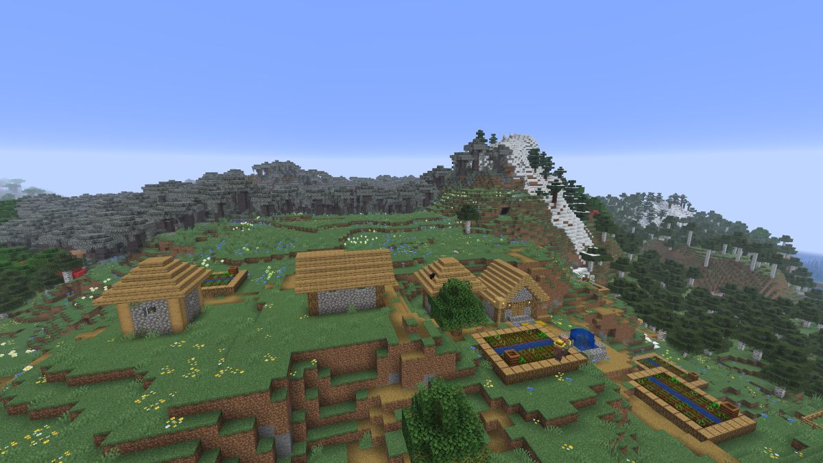 Minecraft pale garden near village and snow mountains