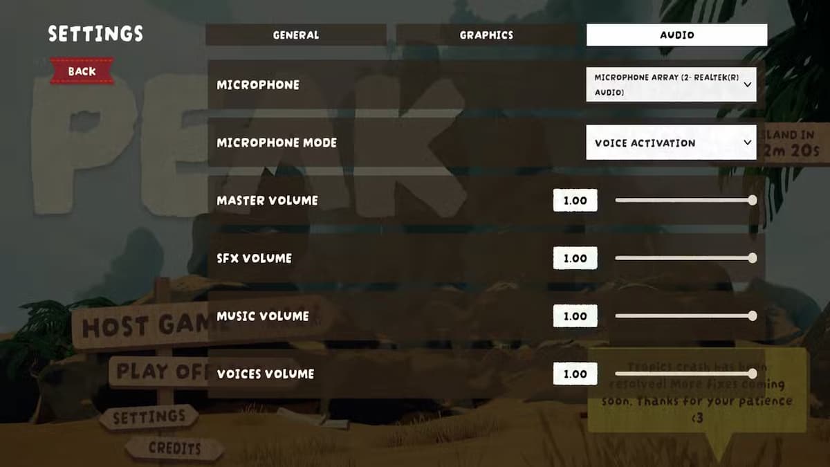 PEAK audio settings