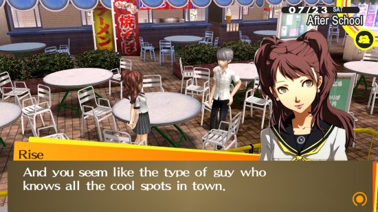 In-game scene depicting Rise conversing with the protagonist in a school environment.