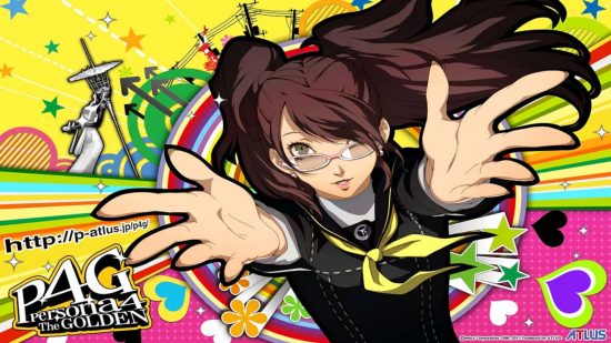 Promotional art of Rise Kujikawa in colorful attire, extending her hand toward the viewer with the Persona 4 Golden logo visible.