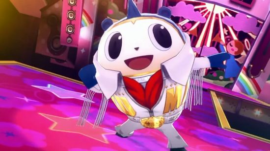 Persona 4 Teddie: Teddie in an Elvis costume dancing on a pink dancefloor from a Persona dancing game.