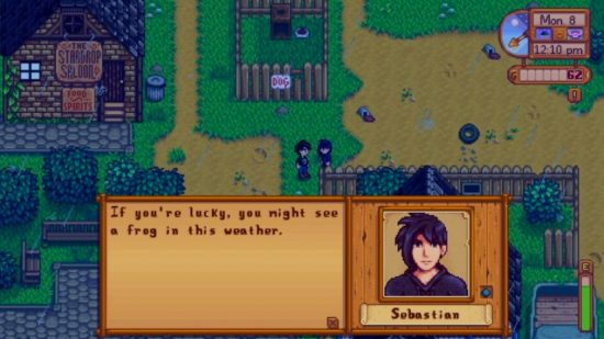 Sebastian telling the farmer how you might be able to catch frogs in the rain