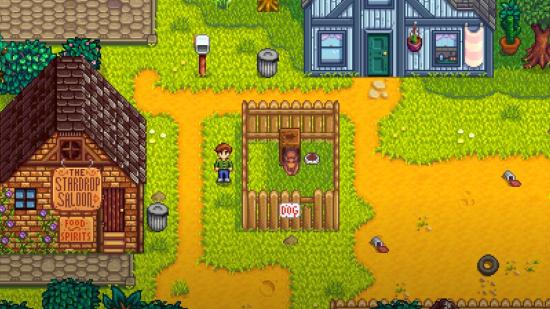 Stardew Valley's Alex next to a dog