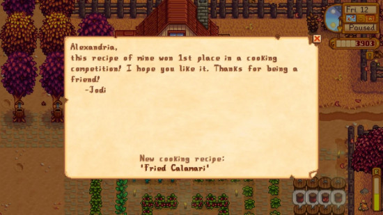 The note Stardew Valley's Jodi leaves you along with a recipe during one of her heart events