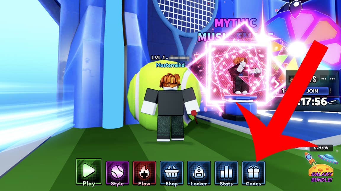 An arrow pointing at the codes button in the Roblox game Tennis Zero.